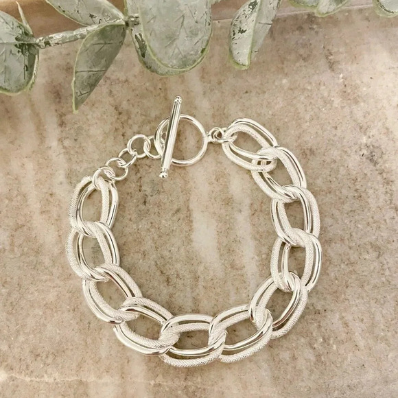 925 Sterling Silver Chunky Chain Link Toggle Bracelet Silver Statement Bracelet - Picture 1 of 8